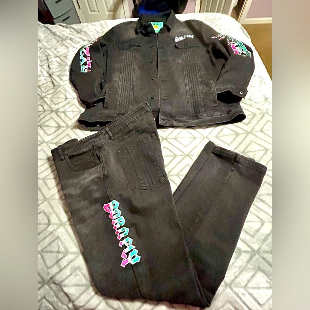 Born Fly, Fly2deth black denim jacket & jeans, Jacket size 3XL & Jean 40x32